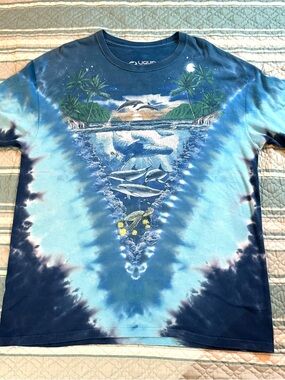 Liquid Blue Tie Dye T Shirt 2015 Ocean Dolphin Whale Turtle Graphic Men Size XL